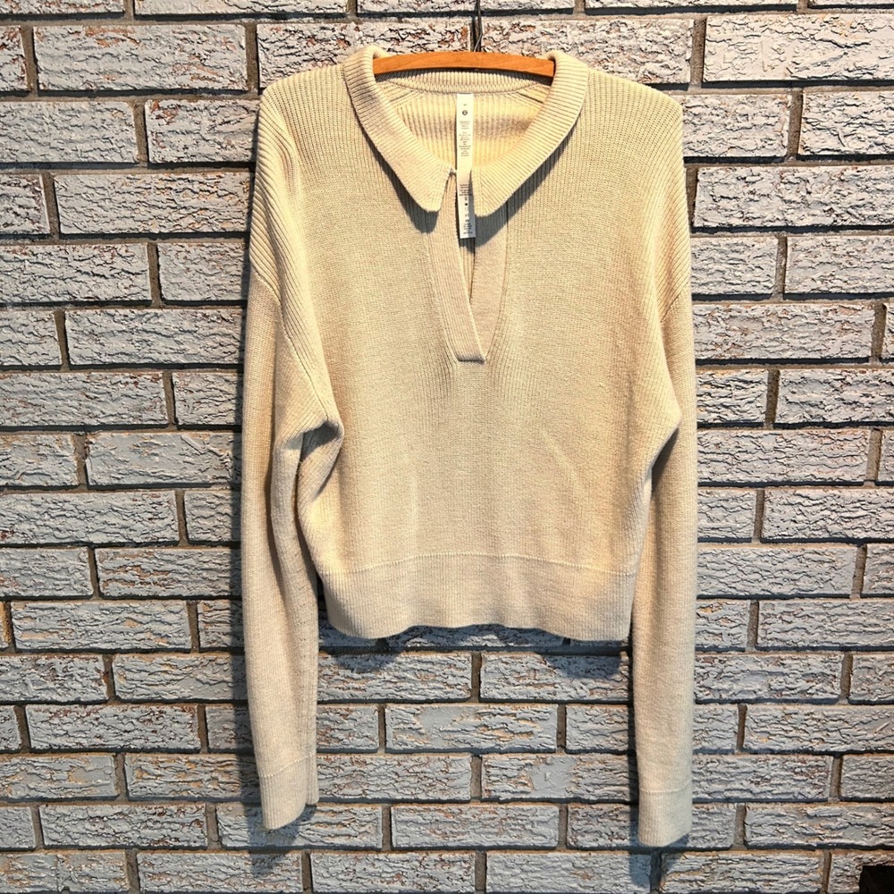 Lululemon Merino Wool Blend Polo Sweater Cream Ivory Long Sleeve LW3HJNS Size M
